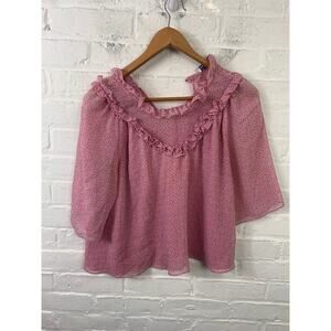 Rebecca Minkoff Women's Pullover Blouse Top V Neck Polka Dot Pink Size Medium